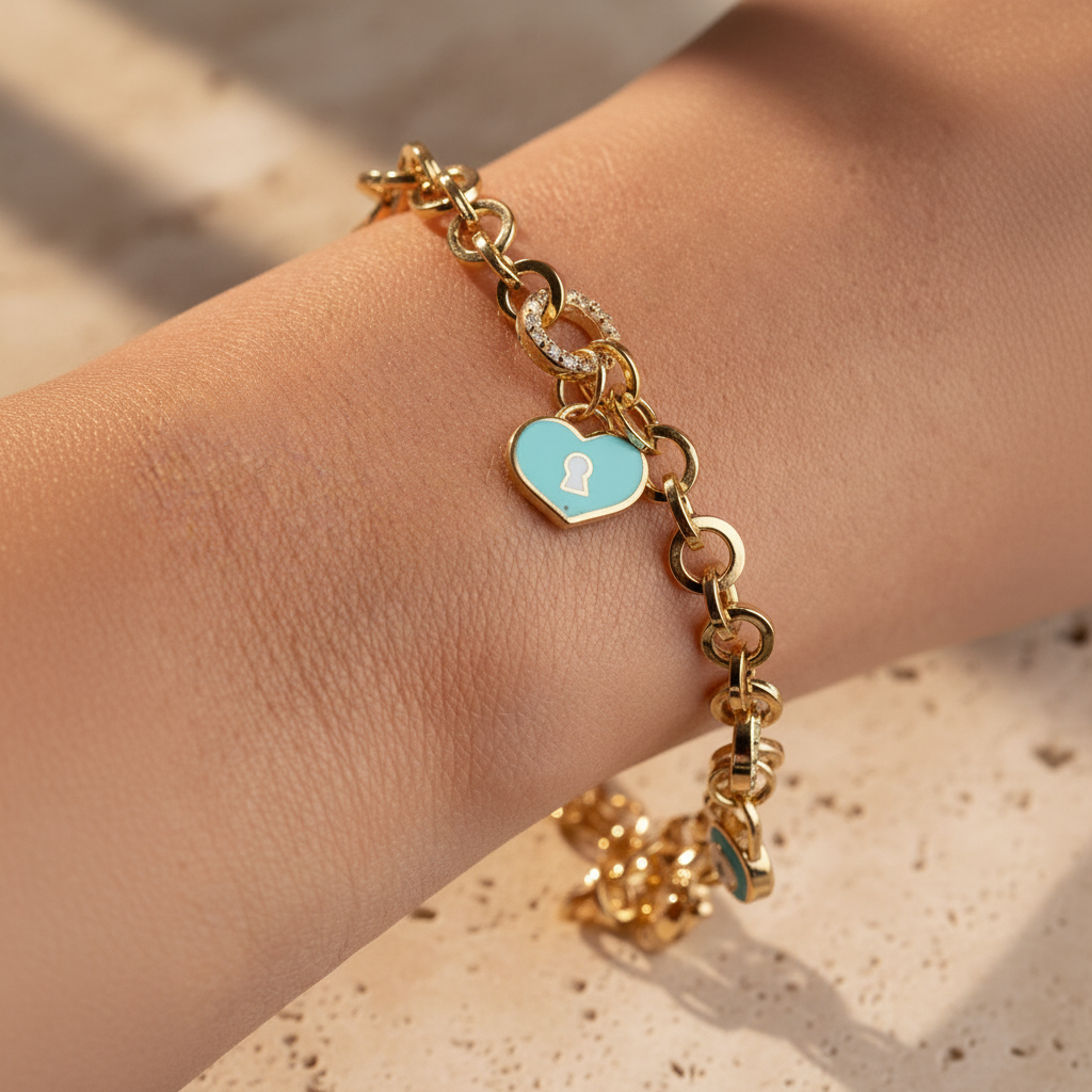 Bracelet Charm Cadenas Cœur et Nazar | Argent 925