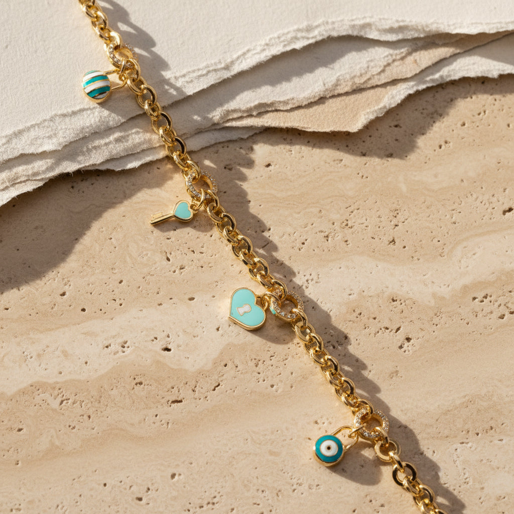 Heart Lock and Nazar Charm Bracelet | 925 Sterling Silver