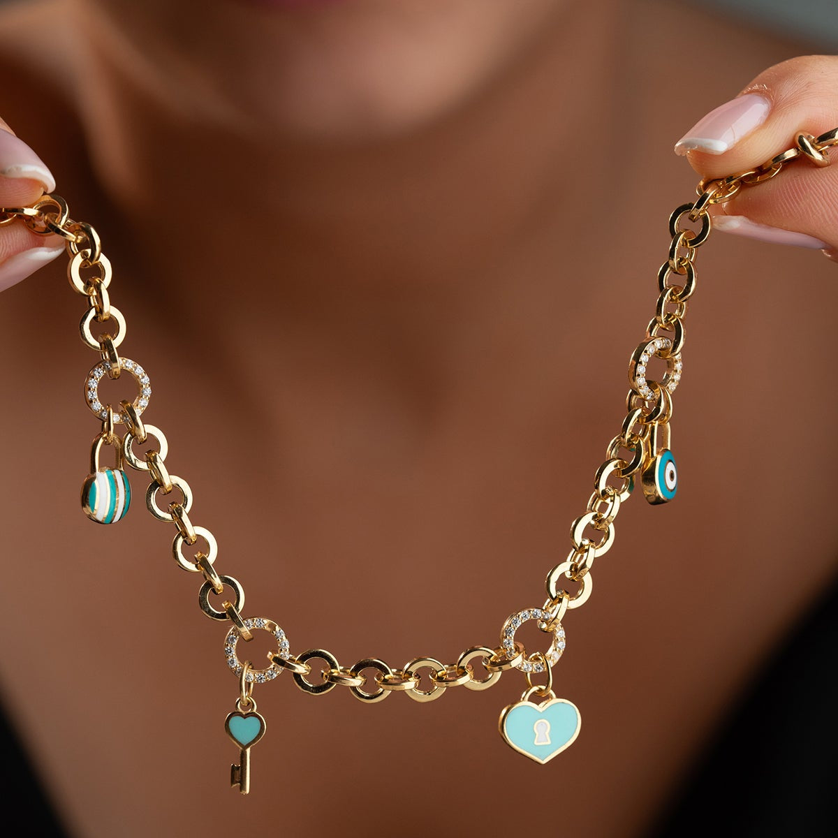 Charm Armband mit Herzschloss und Nazar | 925 Silber