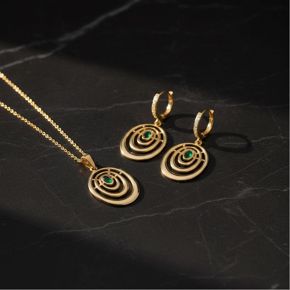 Halkalı Yeşil Oval Taşlı Set | 925 Ayar Gümüş
