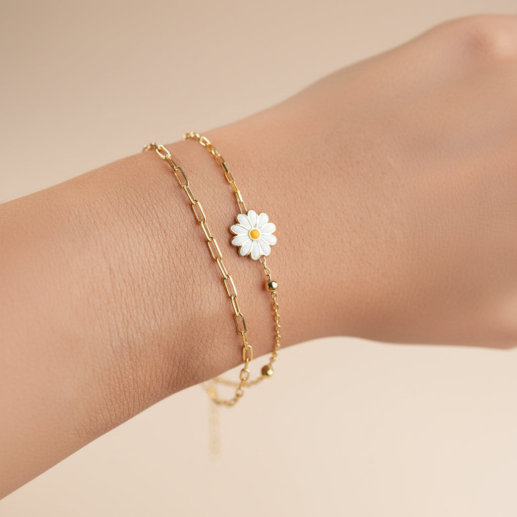 Double Chain Daisy Bracelet | 925 Sterling Silver
