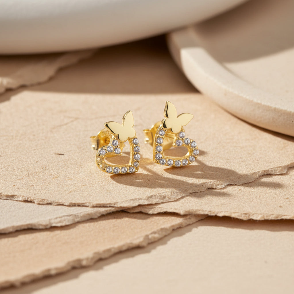 Heart & Butterfly Stud Earrings | 925 Sterling Silver