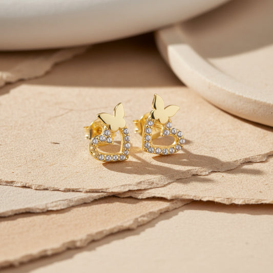 Heart & Butterfly Stud Earrings | 925 Sterling Silver