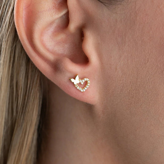 Heart & Butterfly Stud Earrings | 925 Sterling Silver