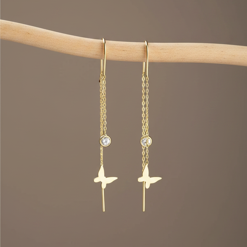 Butterfly Threader Earrings with Solitaire Stone | 925 Sterling Silver