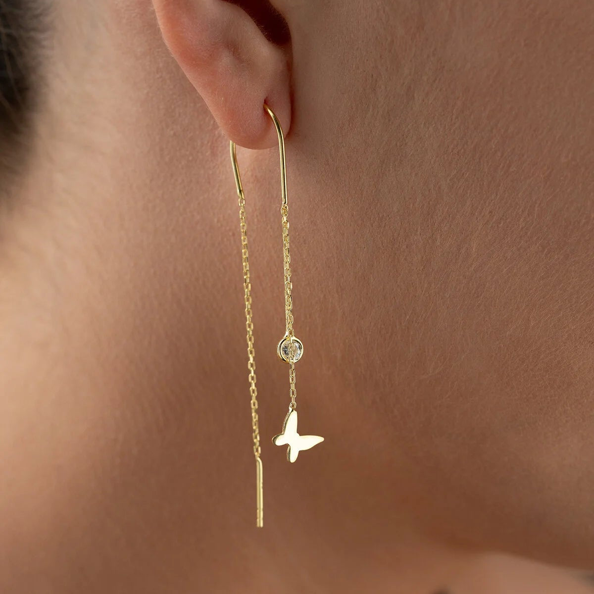 Butterfly Threader Earrings with Solitaire Stone | 925 Sterling Silver