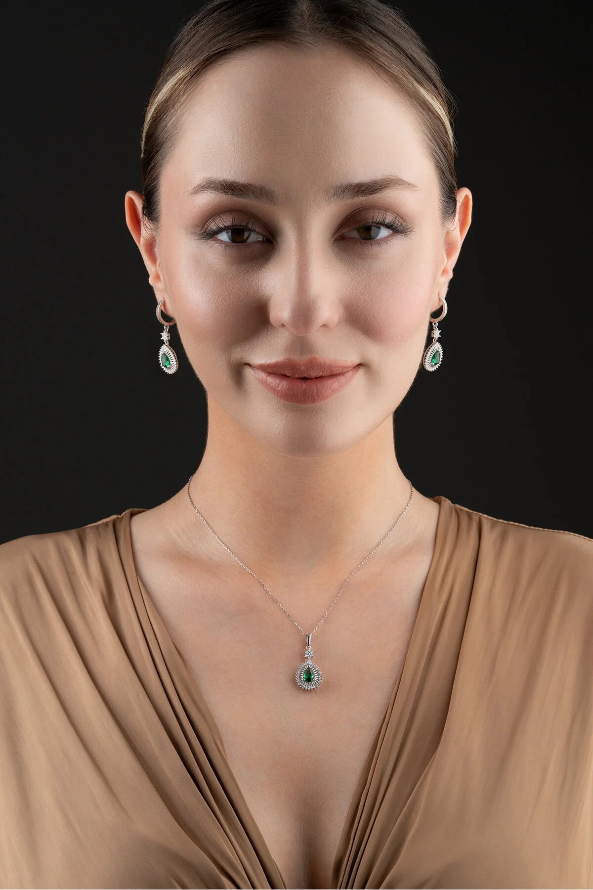 Parure Collier & Boucles Pierre Verte Émeraude | Argent 925