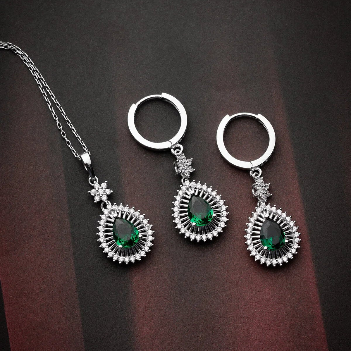Parure Collier & Boucles Pierre Verte Émeraude | Argent 925