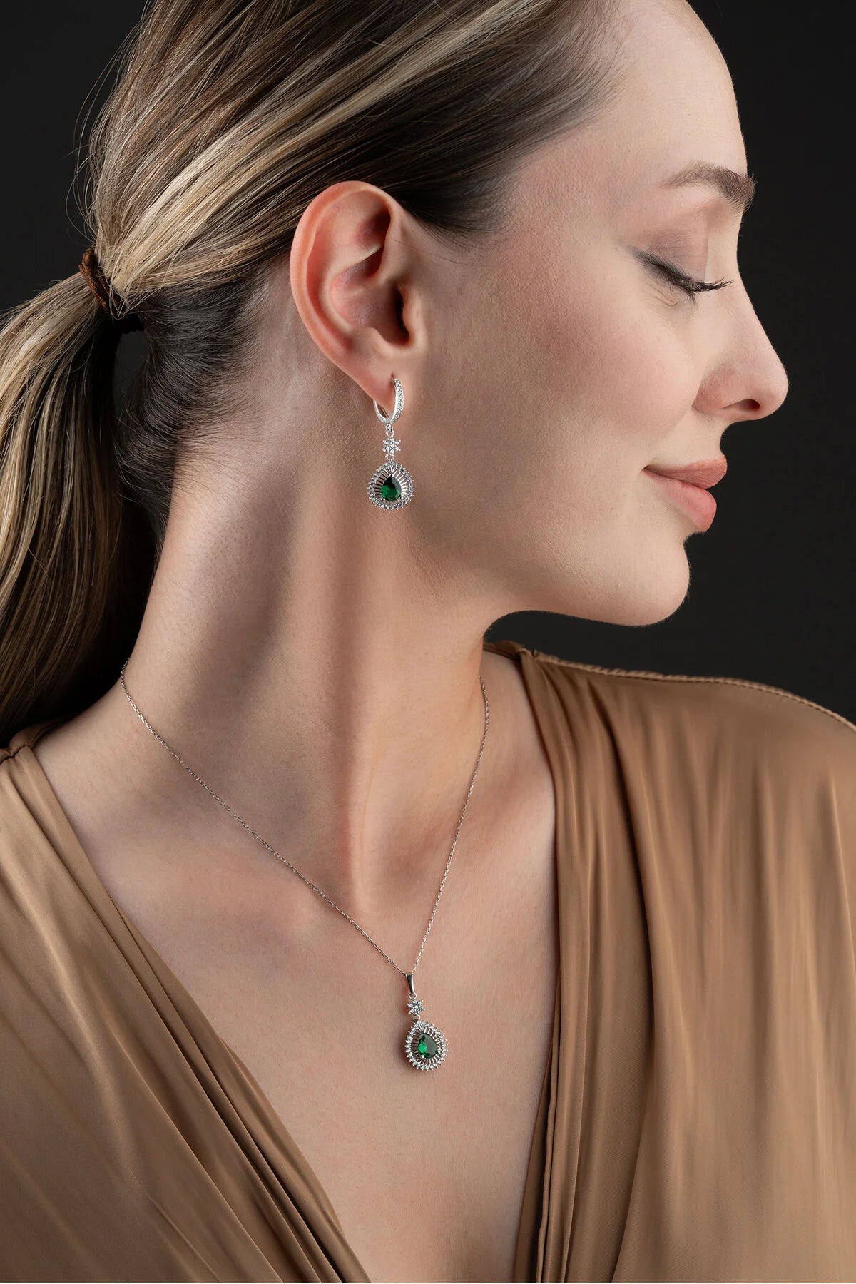 Parure Collier & Boucles Pierre Verte Émeraude | Argent 925