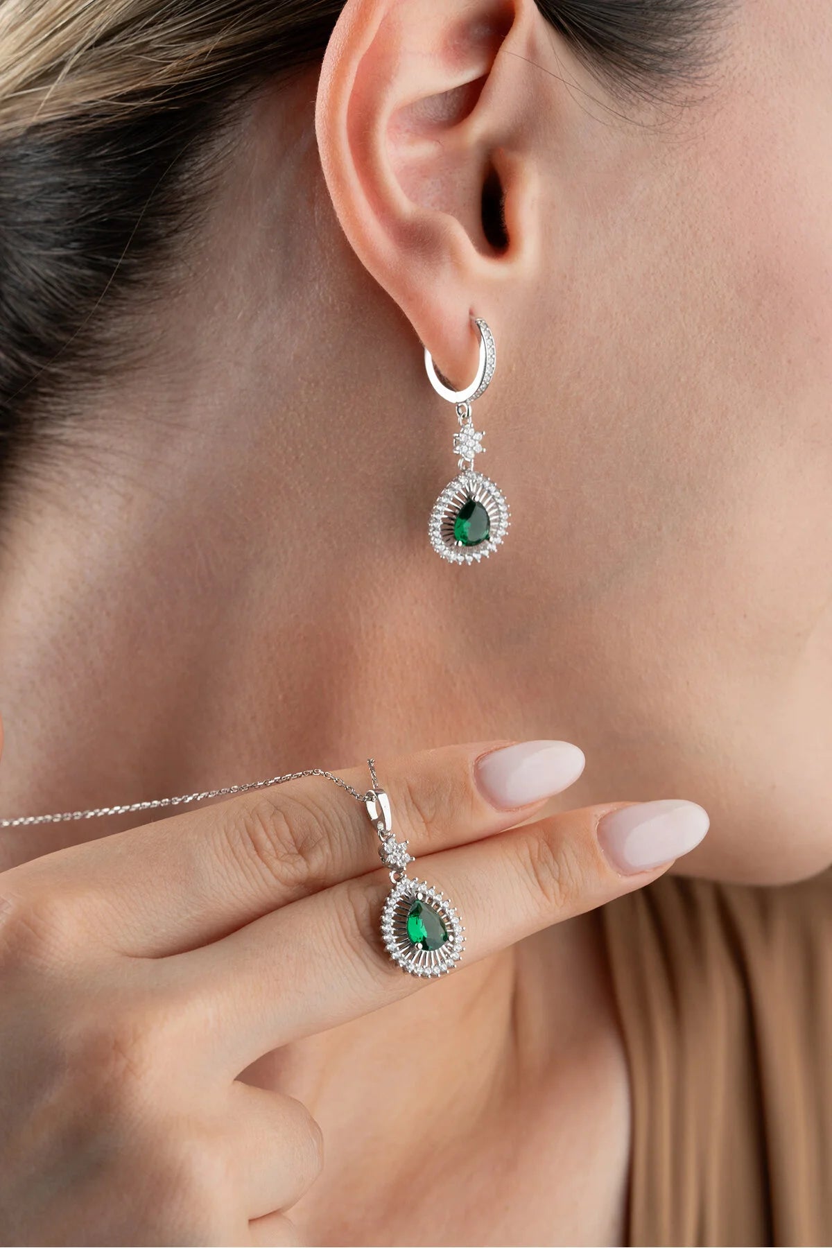 Parure Collier & Boucles Pierre Verte Émeraude | Argent 925