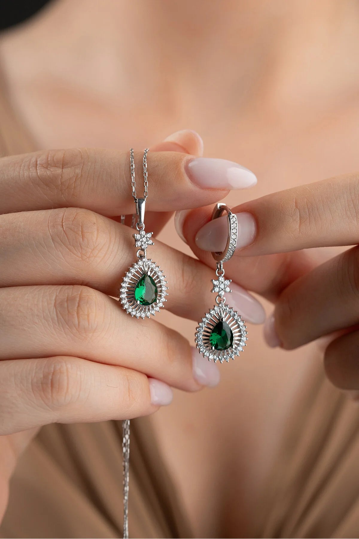 Parure Collier & Boucles Pierre Verte Émeraude | Argent 925