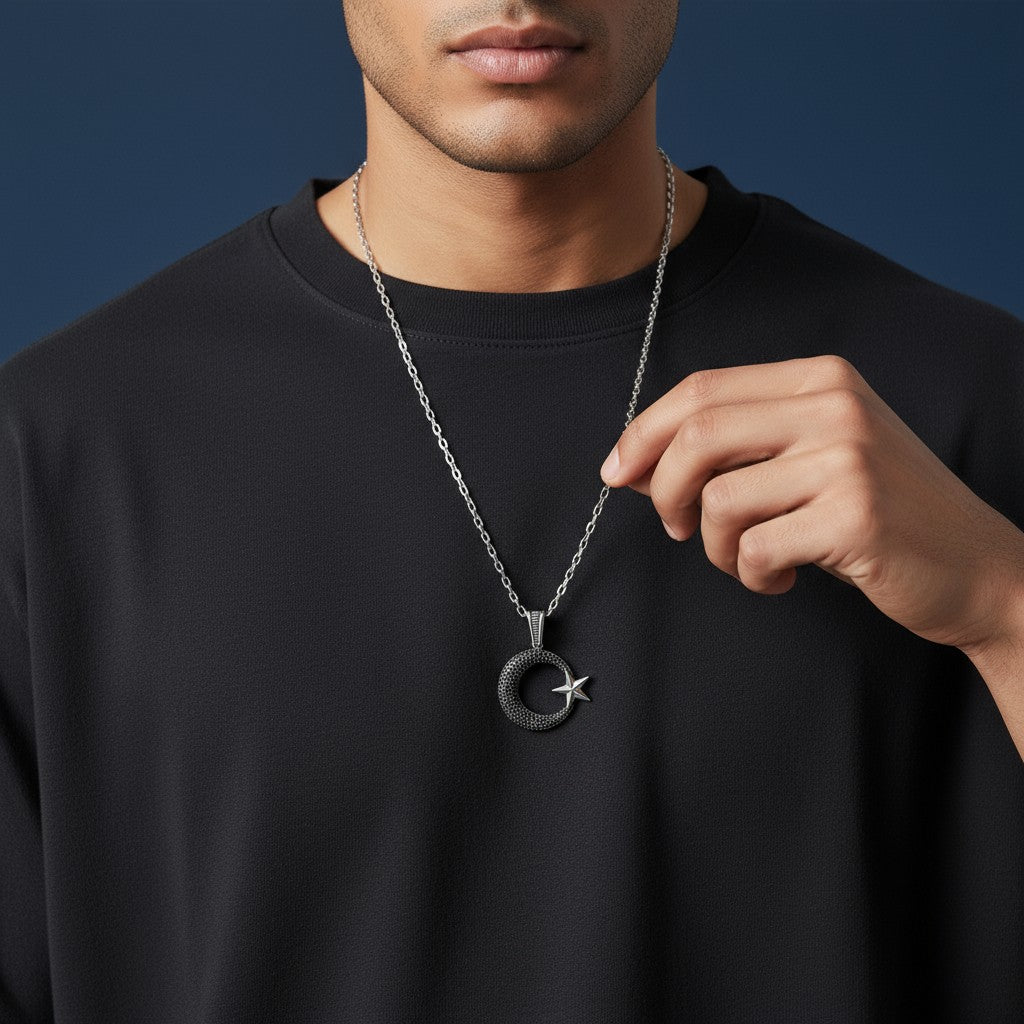 Zircon Stone Moon Star Silver Men's Necklace