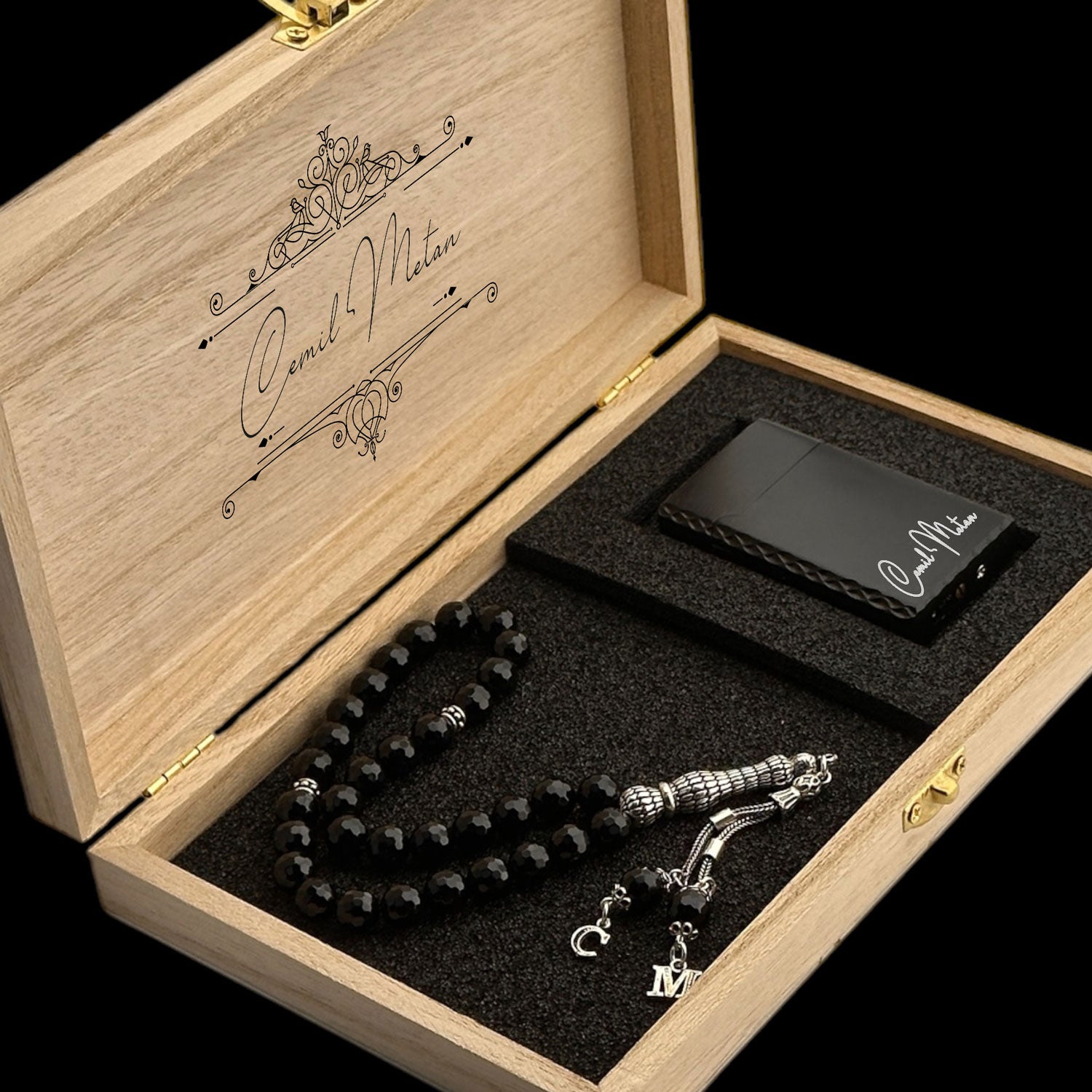 Gepersonaliseerde Onyx Tesbih & Aansteker Geschenkset | 925 Zilver