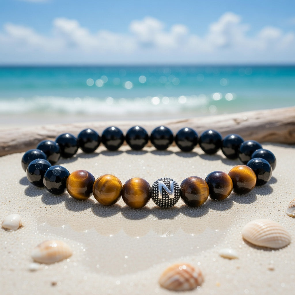 Bracelet de lettre en argent en pierre de tigre naturel