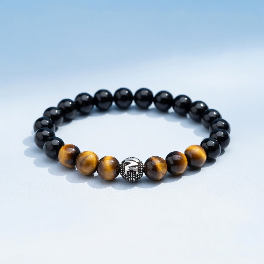 Natural Tiger Eye Stone Silver Letter Bracelet