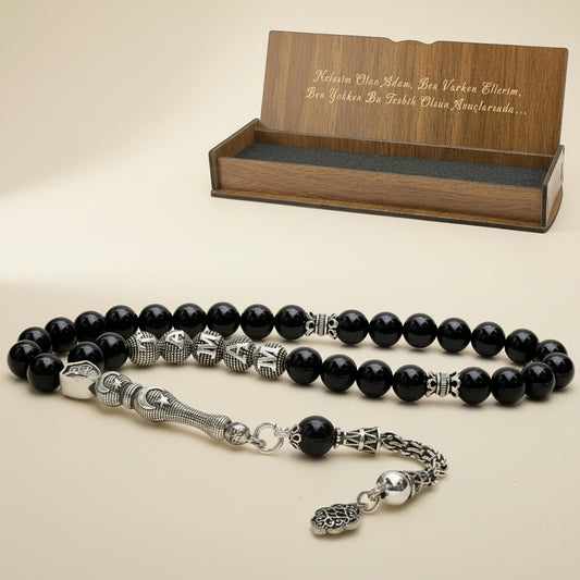 Onyx Gebetskette Tesbih mit Name aus 925 Silber
