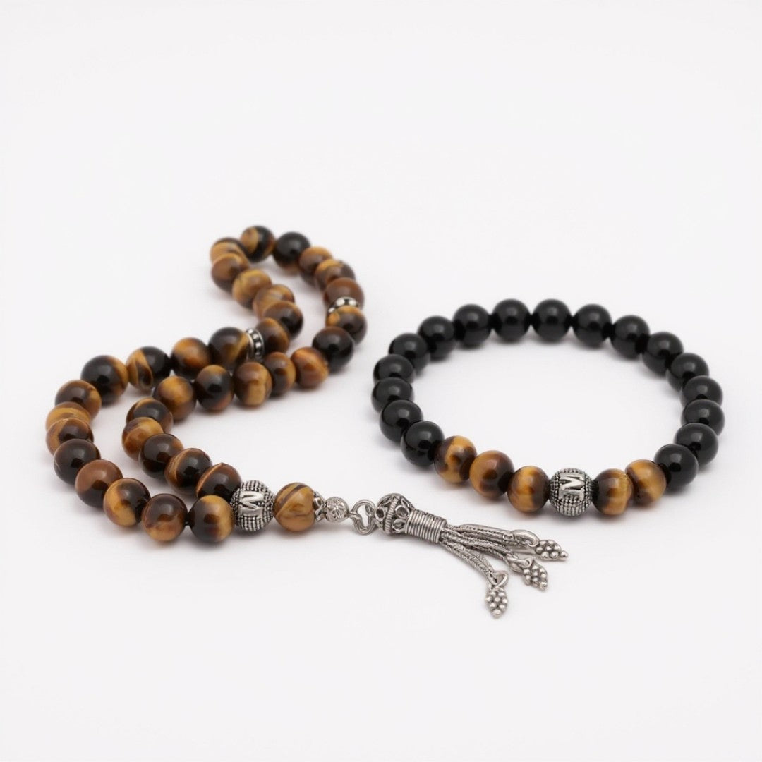 Dogal Taş Kaplangözü Harfli Tesbih & Bileklik Kombin
