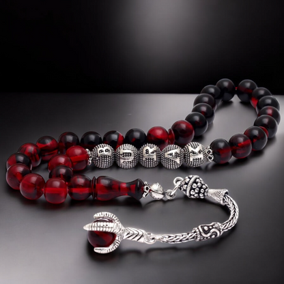 Kırmızı Süzme Ateş Kehribar İsimli GümüşTesbih ve Not Yazılı Ahşap Kutu