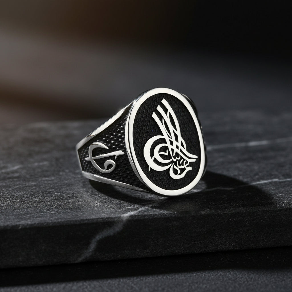 Osmanlı Tuğralı Elif Vav Erkek Gümüş Yüzük (18 -58 mm)