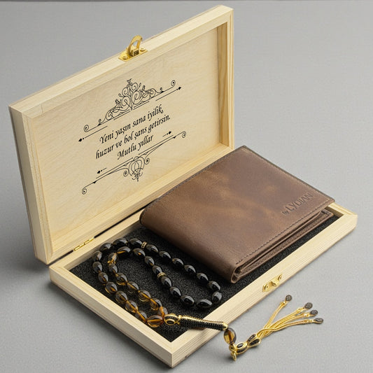 Özel Kutulu Deri Cüzdan ve 925 Ayar Gümüş Tesbih Seti
