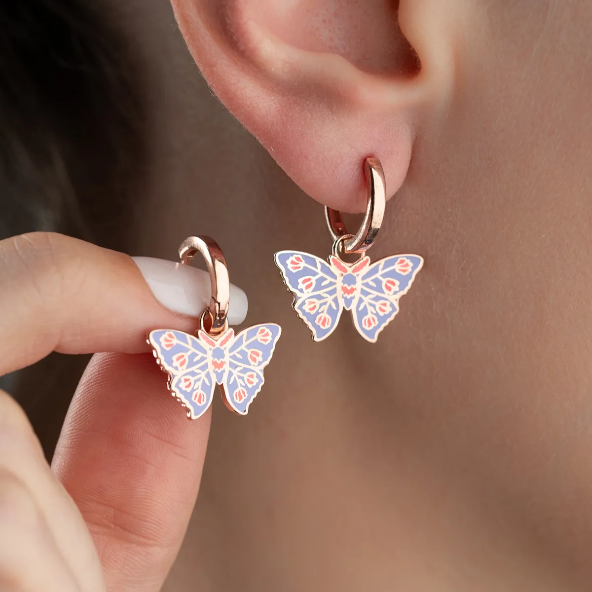 Boucles d'oreilles tactiles de papillon - revêtement rose 925 argent sterling