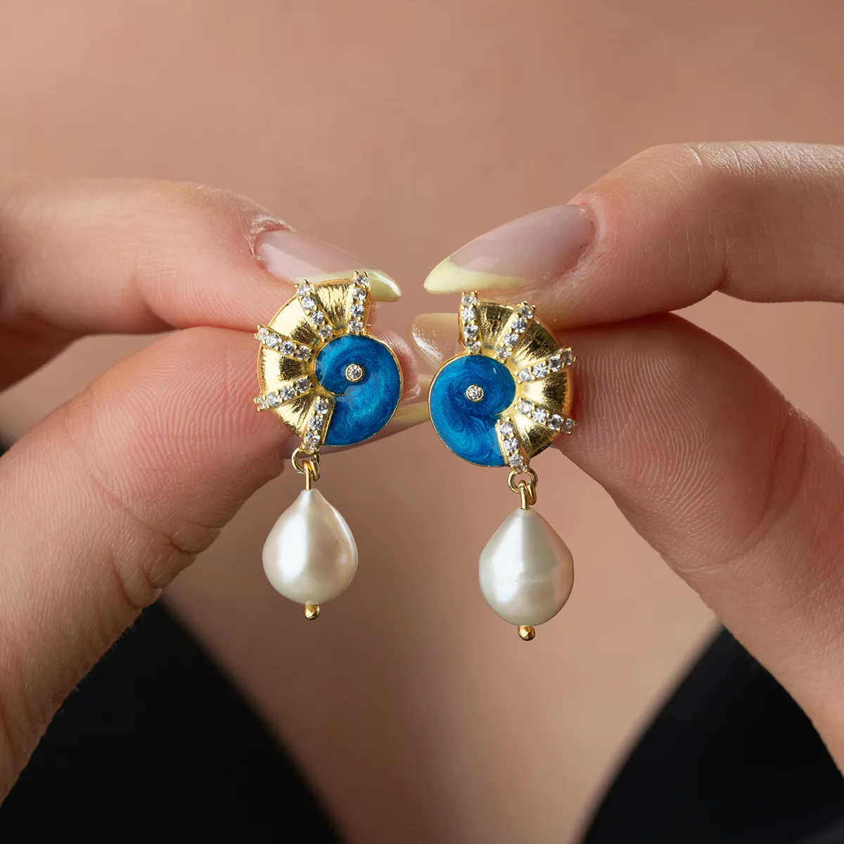 925 sterling silver blue enamel sea shell earrings