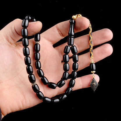 Goldbeschichtete Zirkonia Bernstein Gebetskette - Ateş Kehribar Tesbih