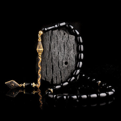 Goldbeschichtete Zirkonia Bernstein Gebetskette - Ateş Kehribar Tesbih