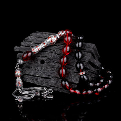 Rote Bernstein-Gebetskette (Tesbih) - 925er Silber