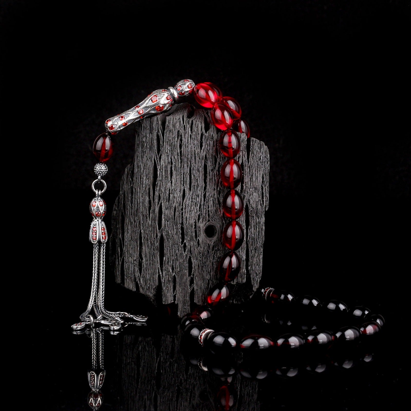 Rosaire de l'ambre de feu de couleur rouge - 925 argent sterling