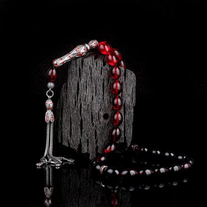 Rote Bernstein-Gebetskette (Tesbih) - 925er Silber