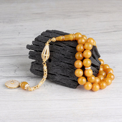 Sarı Renk Ateş Kehribar Tesbih - 925 Ayar Gümüş