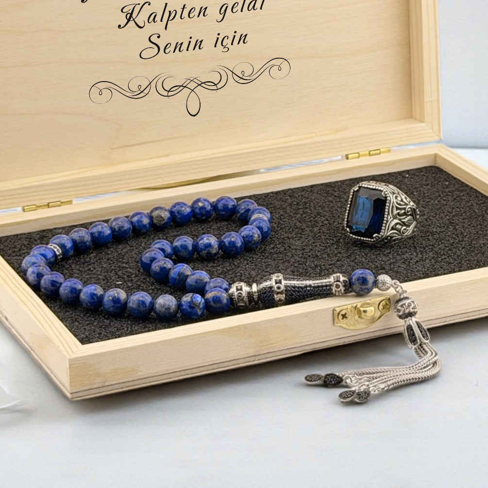 Lapis Taşlı Tesbih & Mavi Zirkon Yüzük Hediye Seti