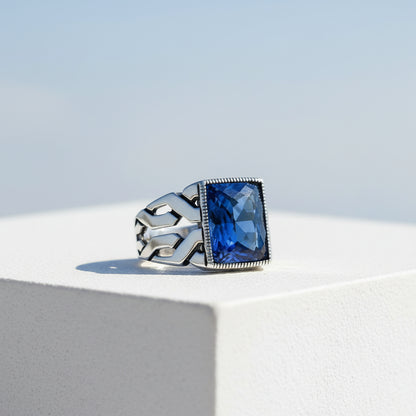 Mavi Zirkon Taşlı Erkek Gümüş Yüzük