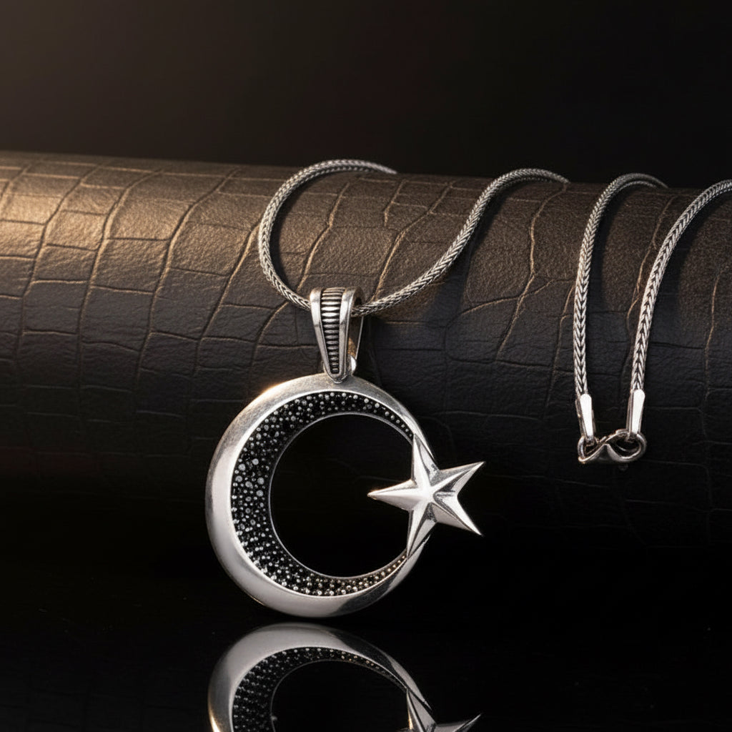 Zircon Stone Moon Star Silver Necklace