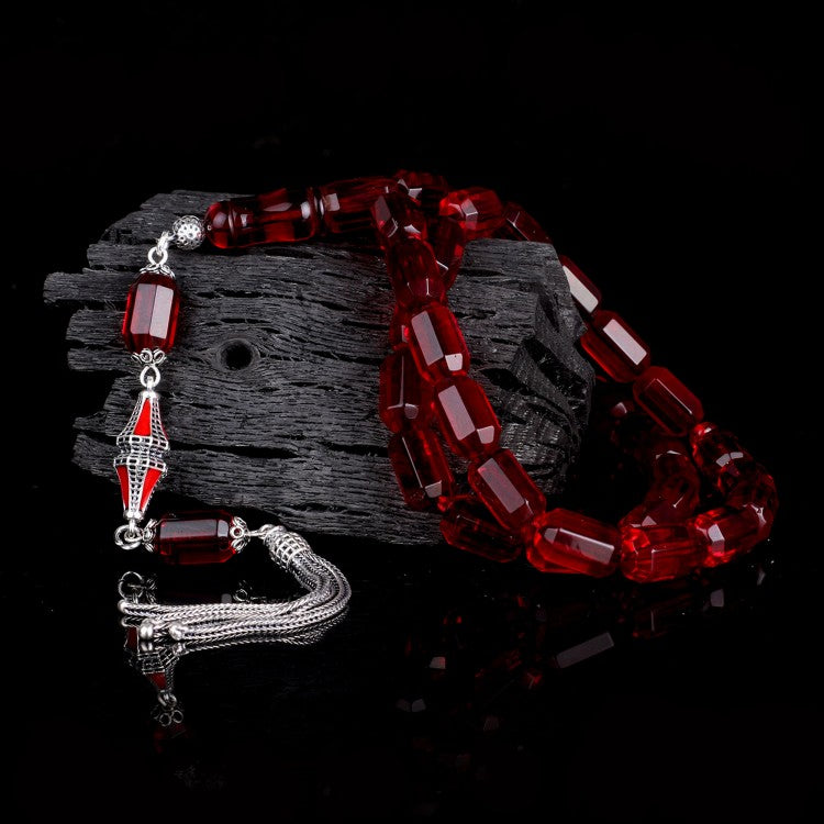 Red Facet Cut Drop Amber Prayer Beads – With Silver Tassels