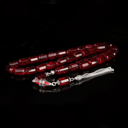 Kırmızı Faset Kesim Damla Kehribar Tesbih – Gümüş Püsküllü