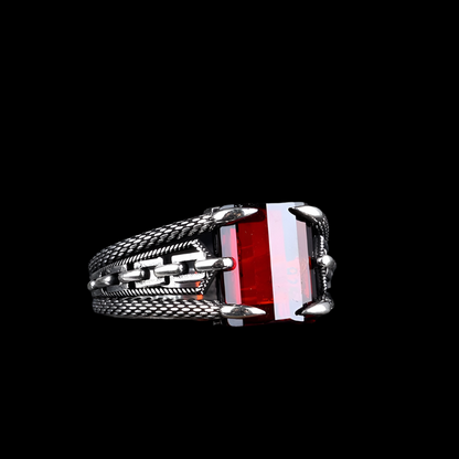 Red Zircon Stone Men's Silver Ring