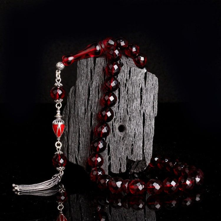 Red Facet Cut Drop Amber Rosary