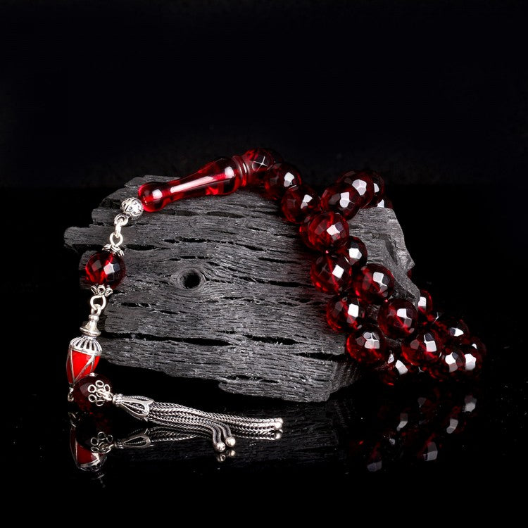 Red Facet Cut Drop Amber Rosary