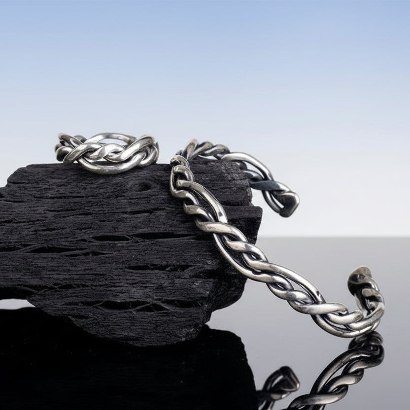 925 Sterling Silver Knitting Motif Men's Clamp Bracelet and Ring