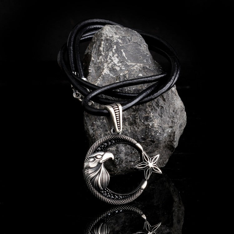 Silver Necklace with Crescent Star Eagle Design