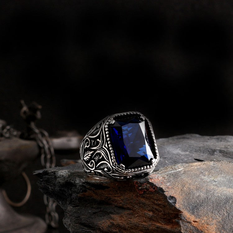Blue Zircon Stone Men's Silver Ring
