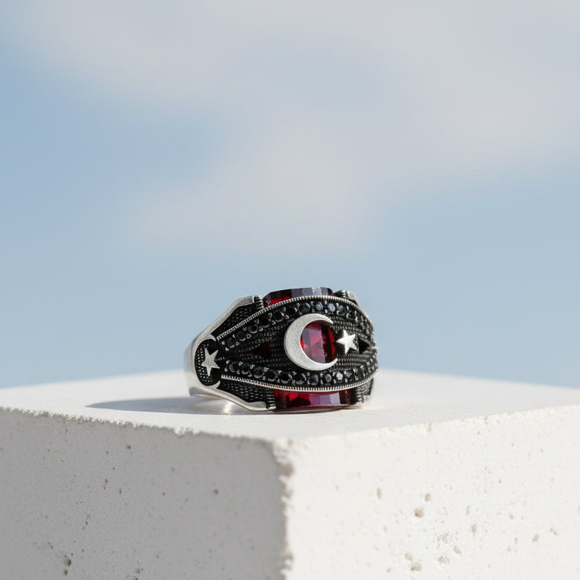 Moon Star Red Zircon Stone Men's Silver Ring