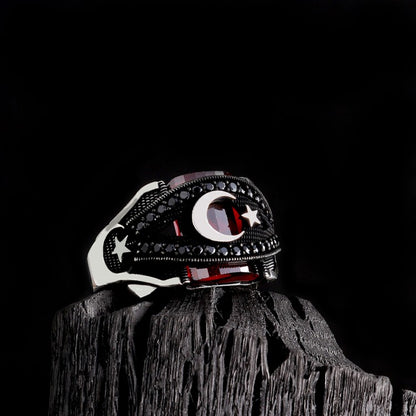 Moon Star Red Zircon Stone Men's Silver Ring