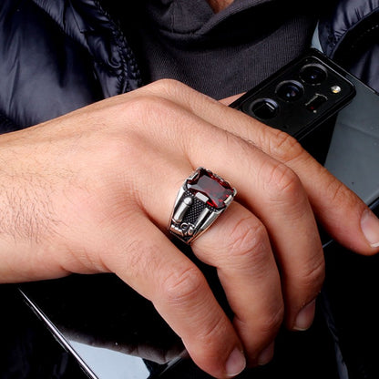 Red Zircon Stone Men's Silver Ring