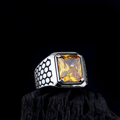 Anneau d'argent pour hommes en pierre de zircon jaune