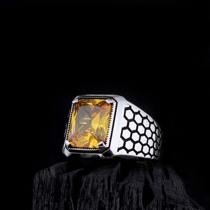 Anneau d'argent pour hommes en pierre de zircon jaune