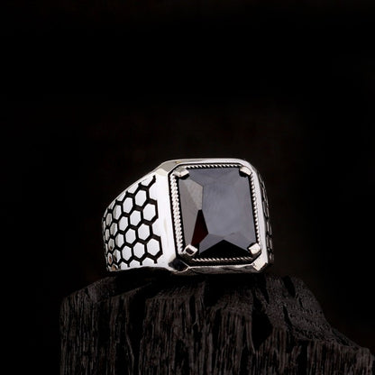 Anneau d'argent pour hommes en pierre de zircon noir