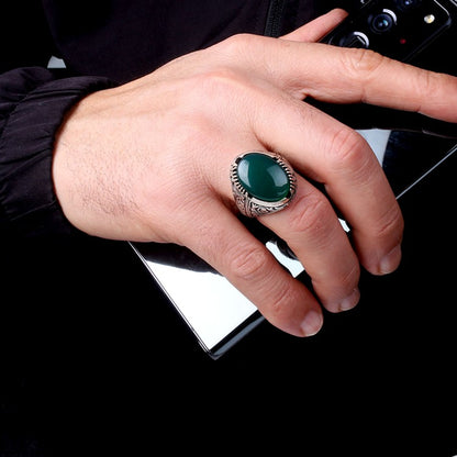 Yeşil Akik Taşlı 925 Ayar Gümüş Erkek Yüzük